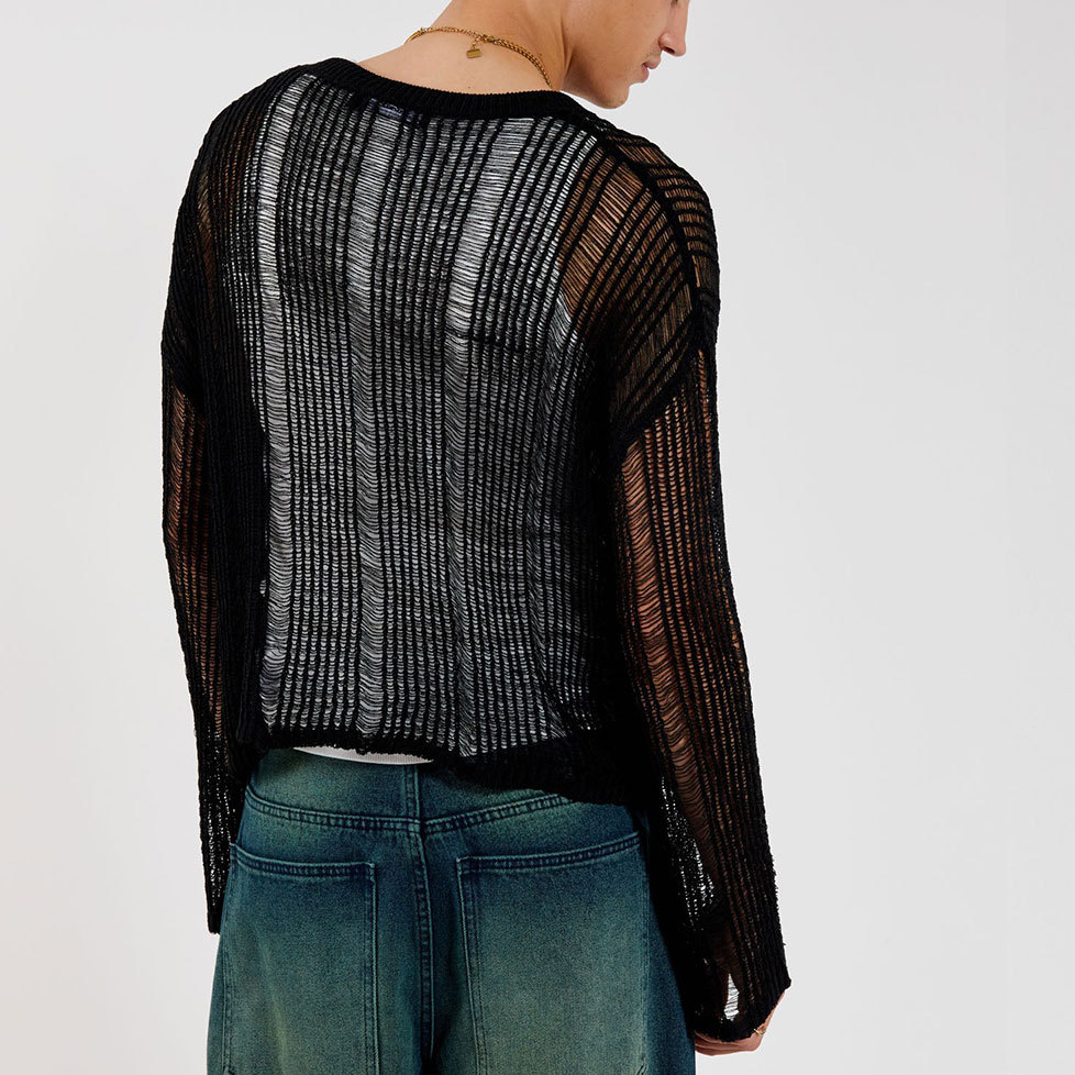 Men's T Shirts Elastic hollow slightly transparent sweater for men, long sleeved loose and versatile knitted sweater