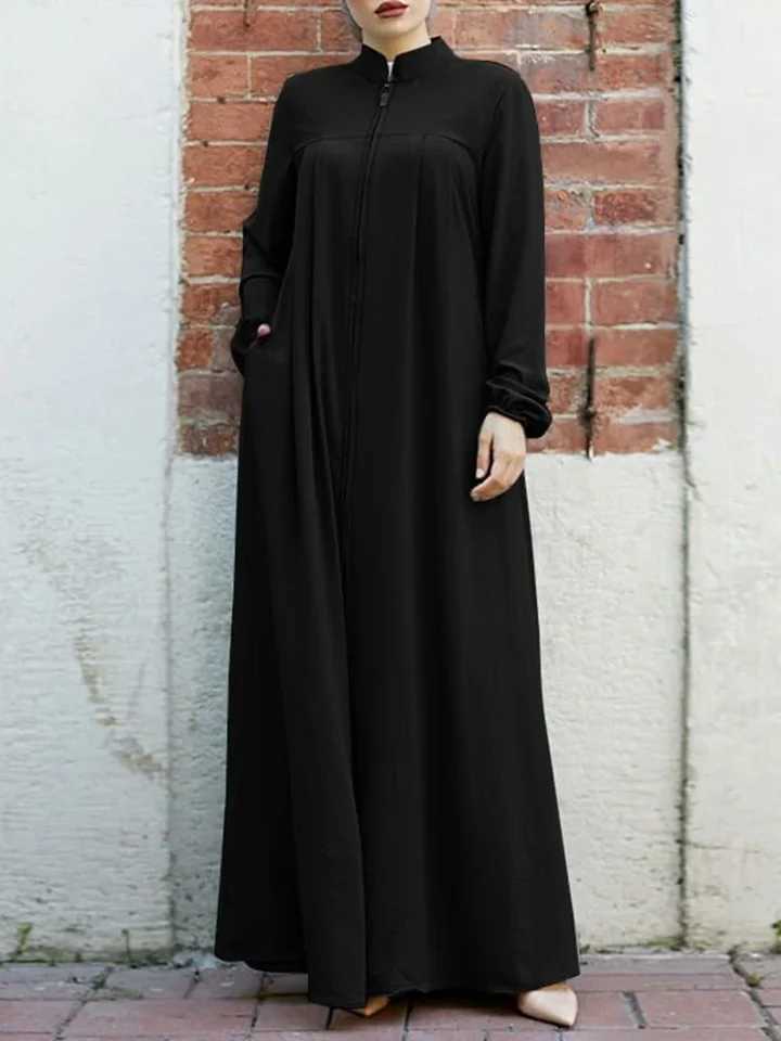 Muslim black dress with small stand-up collar and zipper pocket design elegant loose and casual long-slved skirt X250514