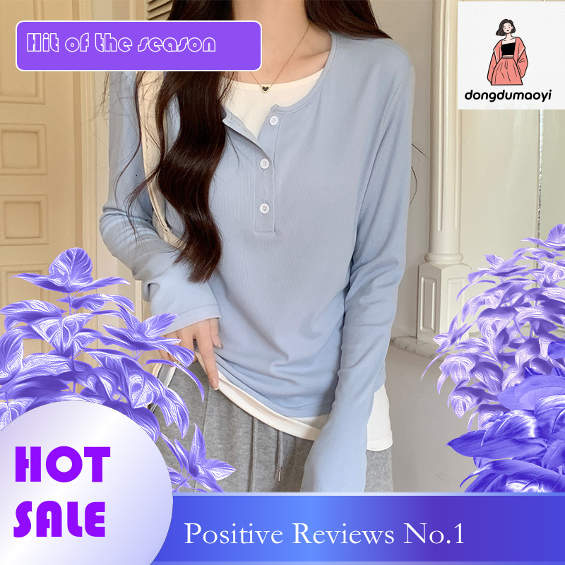 dongdumaoyi Fake two t-shirts, small breasted long sleeves, early autumn design sense, niche contrasting color top, inner bottom layer, women's c