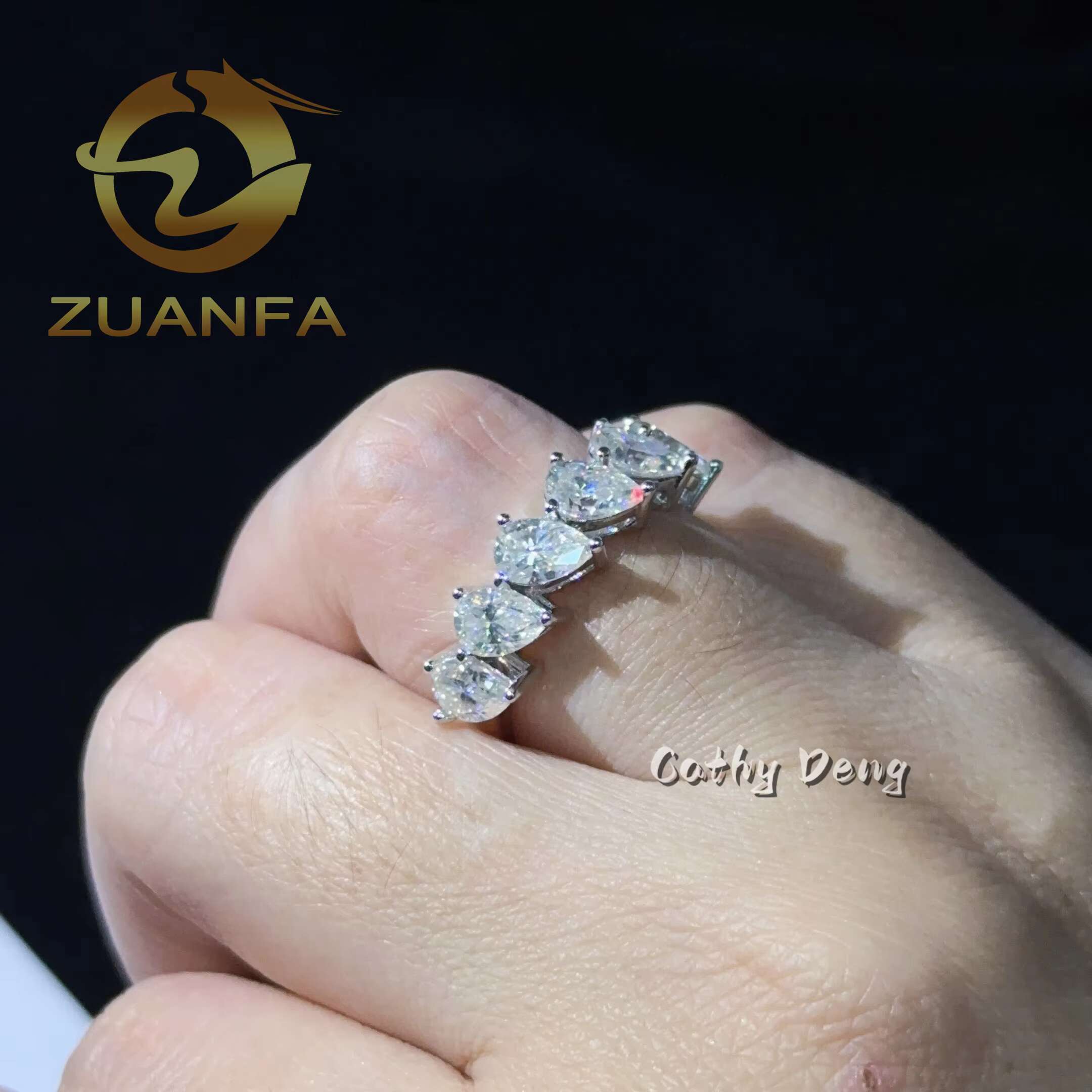 Iced Out Jewelry Pear Cut Half Eternity Ring for Women 18k White Gold Plated Moissanite Rings 925 Silver Women Pear Ring