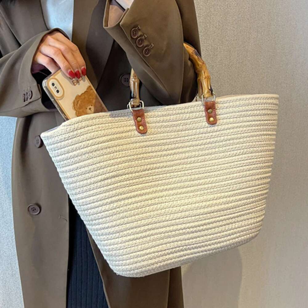 Ladies Woven Tote Bamboo Handle Holiday Hand Bag Large Capacity Striped Portable Casual Fashion Exquisite For Seaside Party