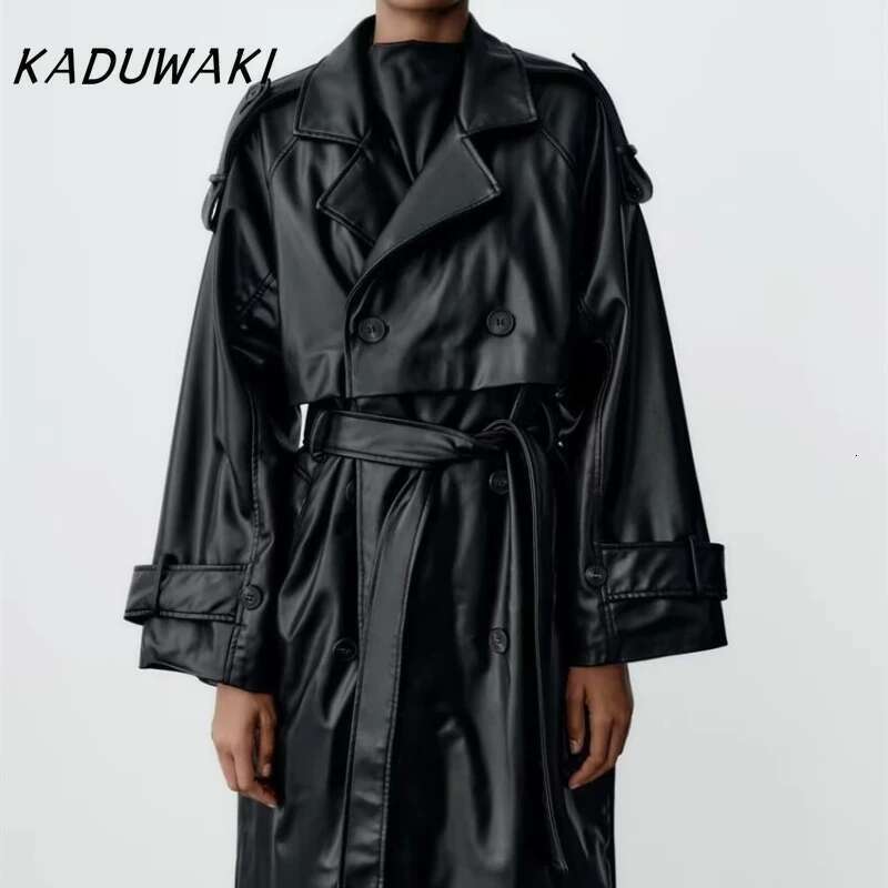 KADUWAKI Spring New European/American Style Commuting Lapel Trench With Belt Faux Leather Loose Long Windbreaker Jackets Female