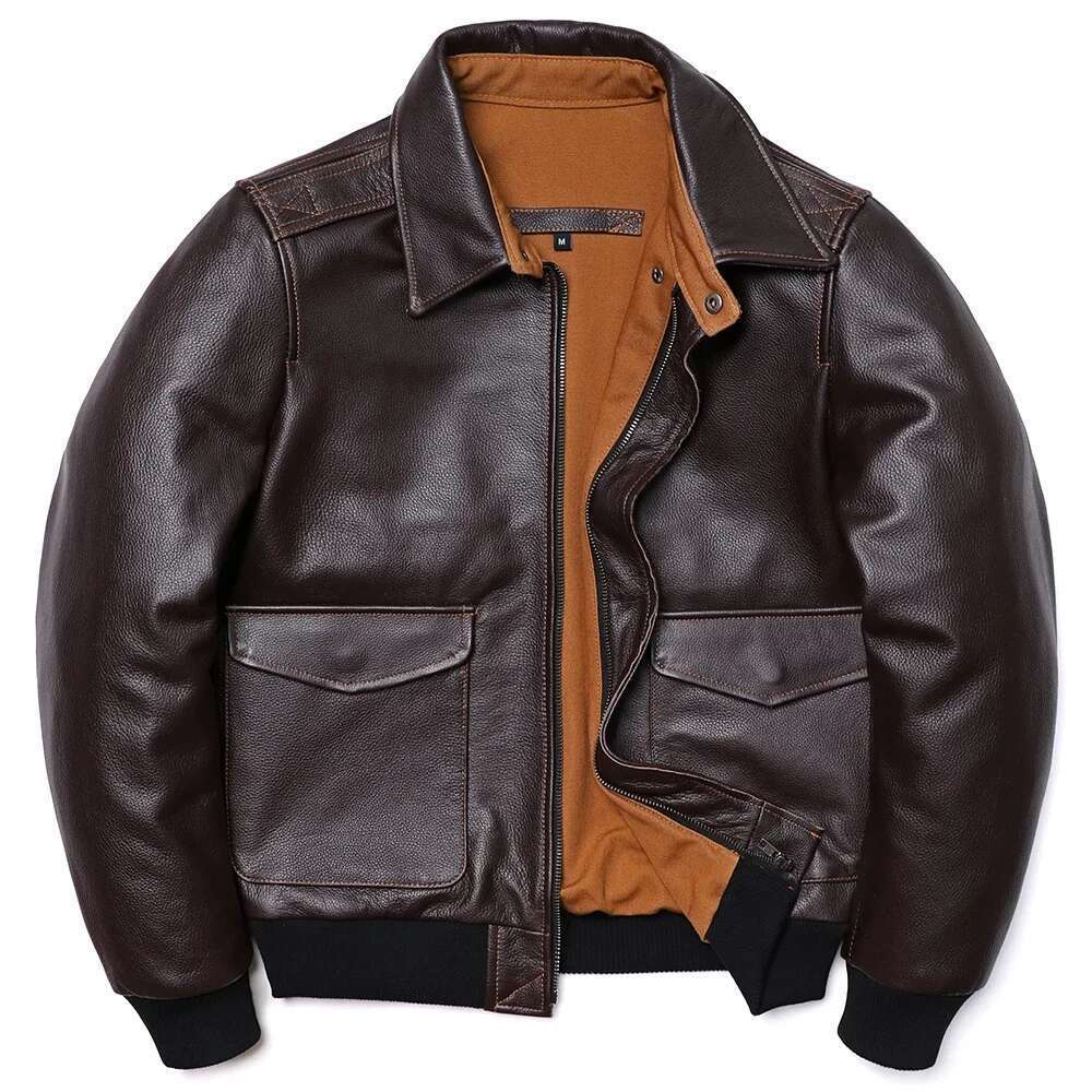 Classical A2 Style Genuine Leather Jacket Men's Air Force Natural Cowhide Coats Brown Calf Skin Clothes Man Flight Clothing Designer