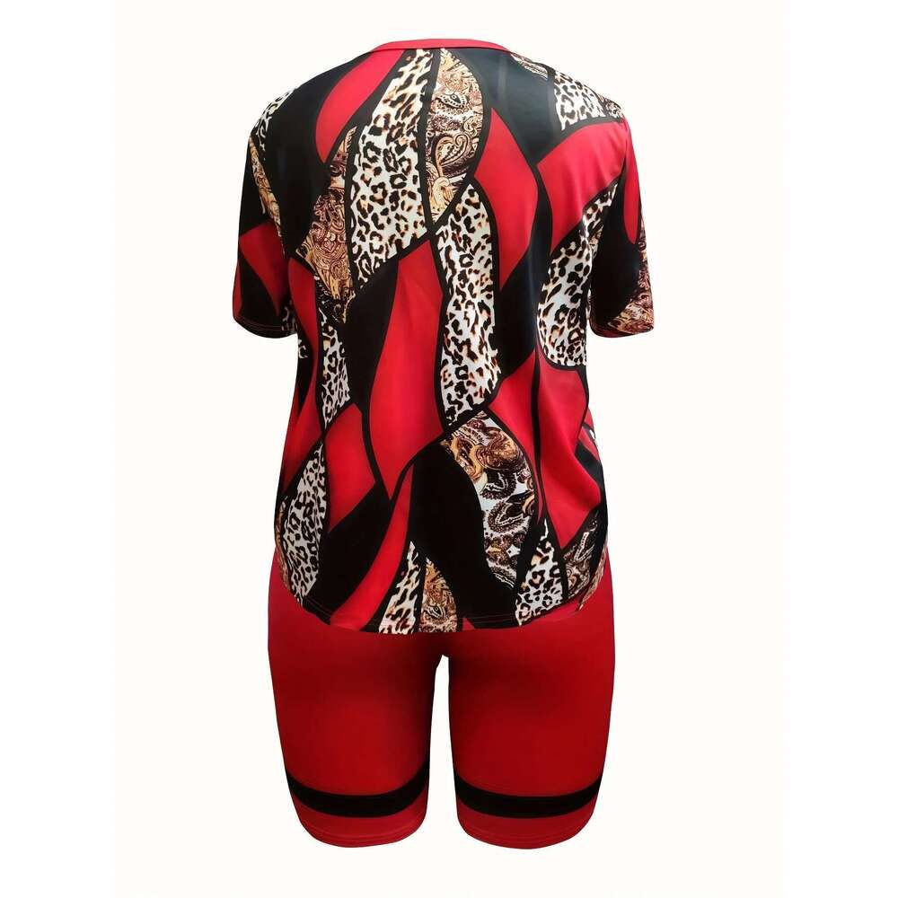 Plus Size New Morning Exercise Clothes, Casual Outfits Set, Women's Leopard Print Short Sleeve Top & Biker Shorts 2 Piece Suit