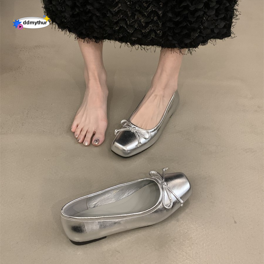 Silver single shoe shallow bow 2025 spring new French gentle evening style flat bottomed scoop shoes for women ddmythur