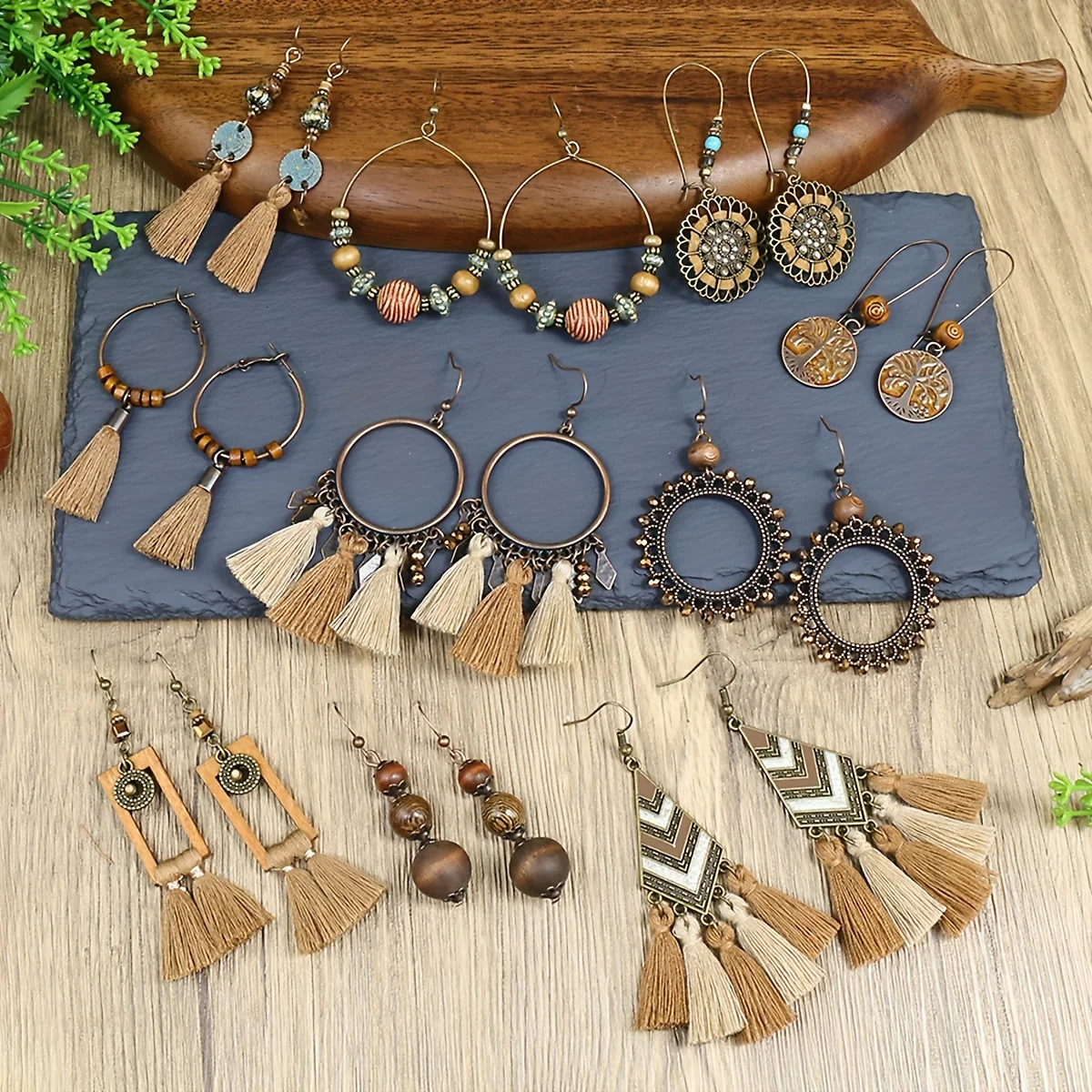 10 Pairs Brown Earrings Set Boho Jewelry Set Drop Dangle Earrings Tassel Wooden Beading Vintage Statement Earrings for Women 250513