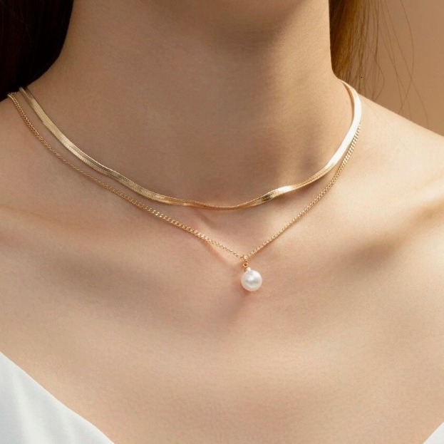 Personalized flat snake chain double pendant necklace, light layered pearl necklace for women