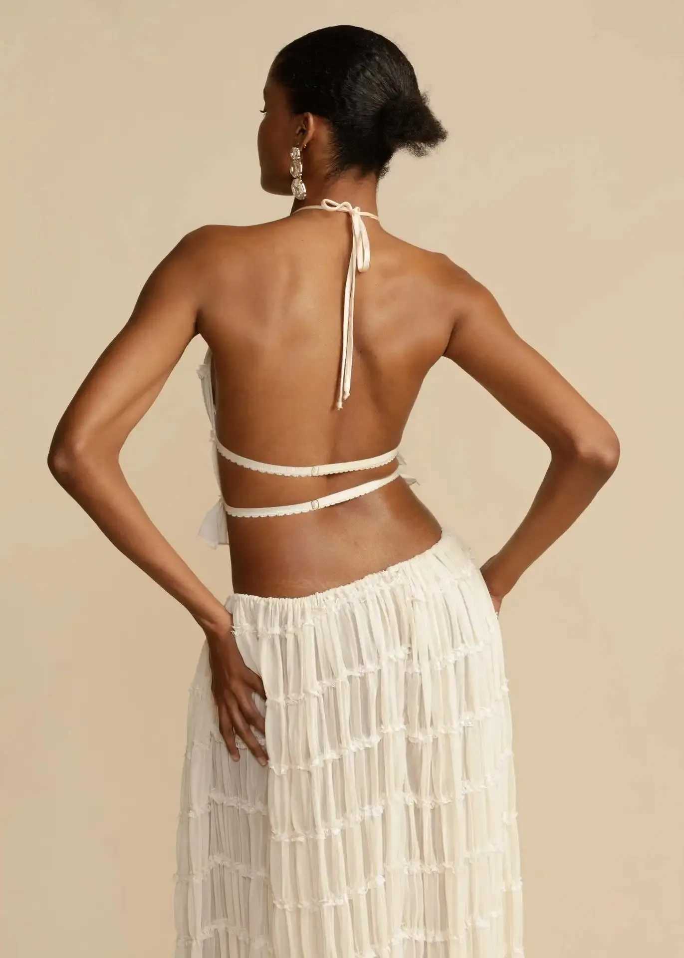 Fashion Halter Neck Long Skirt Suit Women Backless Sling Top Lace Up Fold Maxi Skirts New Summer Female 2 Piece Set OutfitsXJ250514