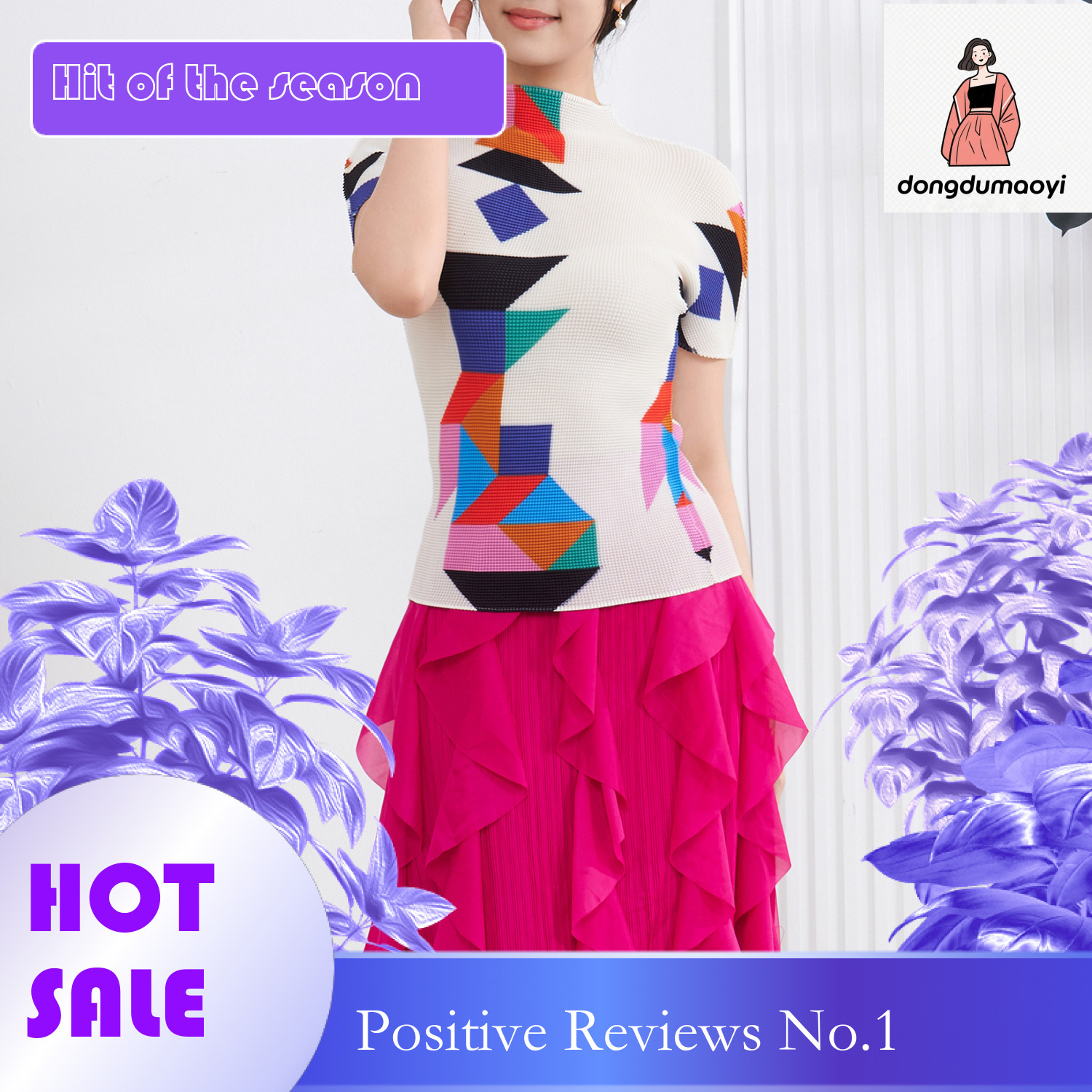 dongdumaoyi Counter quality pleated semi high neck T-shirt women in summer, with a high-end feel and printed slim fit temperament. Versatile top for w