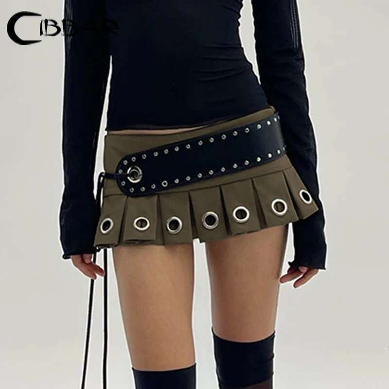 CIBBAR Punk Style Low Rise Mini Skirt With Leather Belt Hot Sexy Super Short Pleated Skirts Women Haruku Clubwear Outfits Y2k