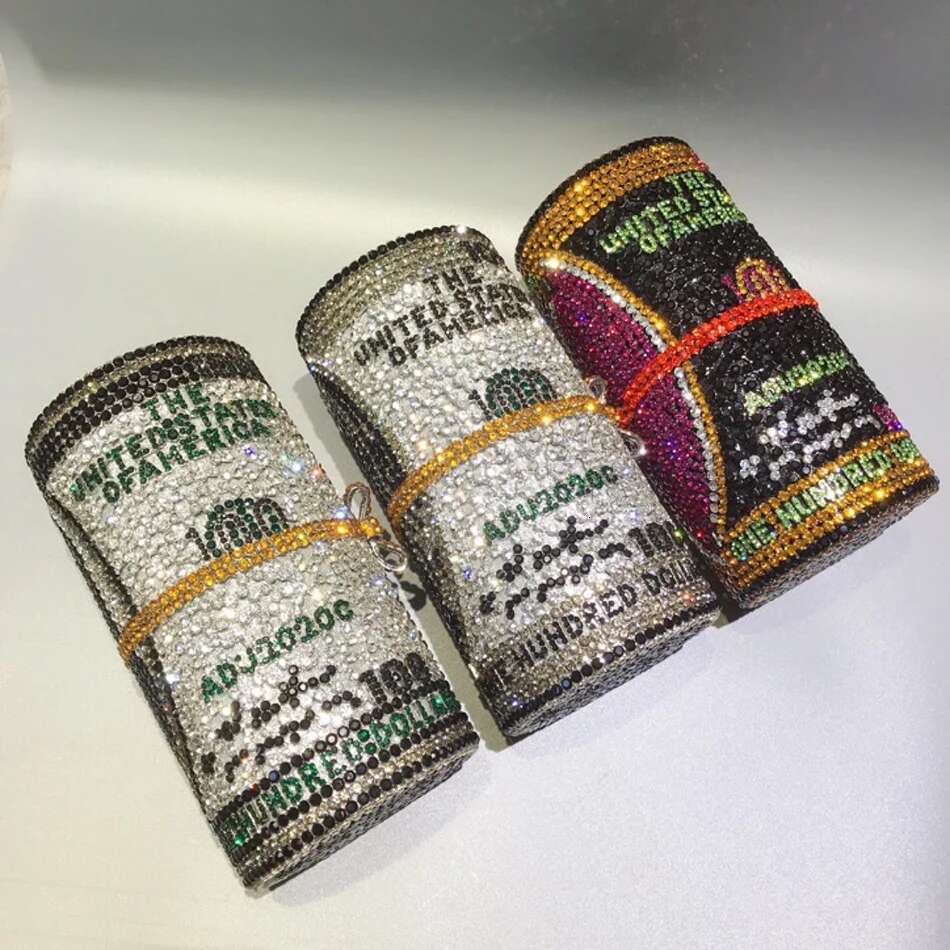 A Roll Of US Dollars Shaped Crystal Evening Bags Women New Gorgeous Novelty Unique Clutch Purses Wedding Party