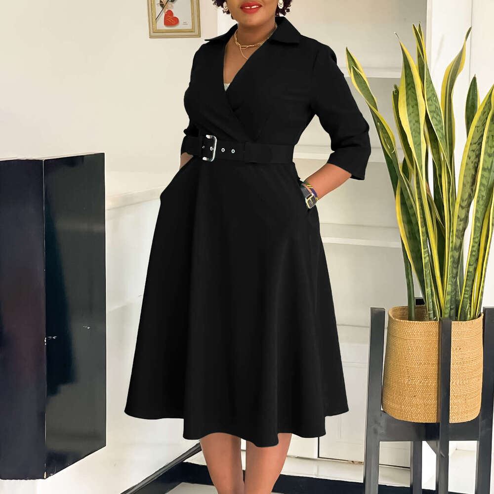 Women's Wear Women's Wear Plus Size Women's Clothing Autumn New Item Lapel Fashionable Temperament Solid Color Large Skirt Dress