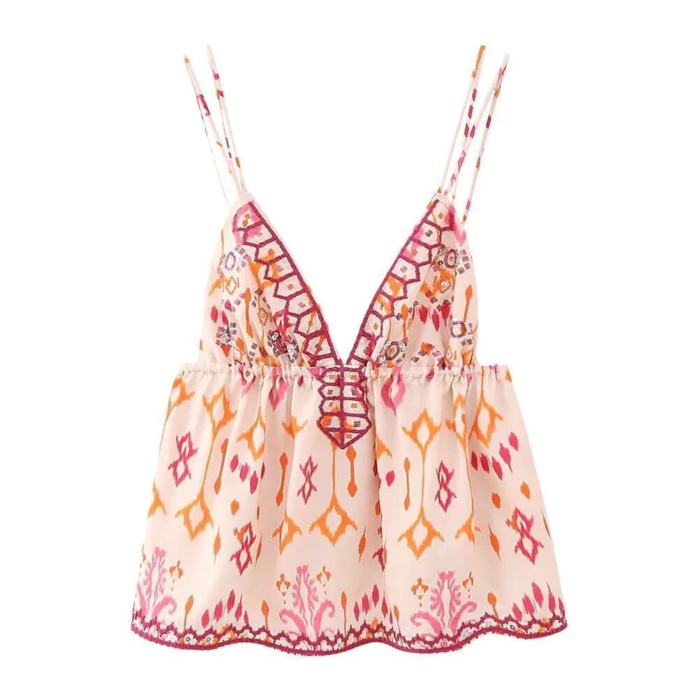 UNIZERA Autumn New Women's Fashion Versatile Sexy V-Neck Sleeveless Embroidery Beaded Print Short Top