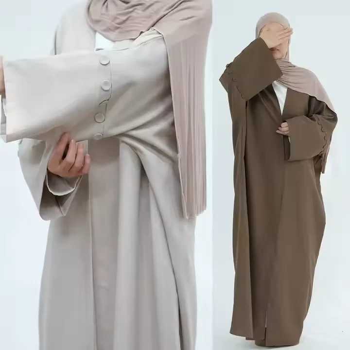 New Solid Color Dubai Cotton Linen Kimono Cardigan Muslim Dress Women Button Closed Slve Open Abaya Islam Clothing Ka Robe X250514