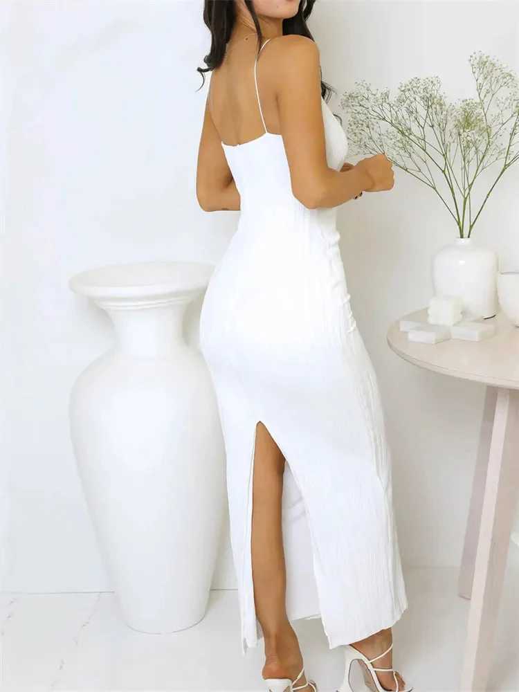 Sexy Women Long Dress Ruched Sleeveless Slim Solid Summer Party Back Split Dress Clubwear Female Dress OutfitsXJ250514