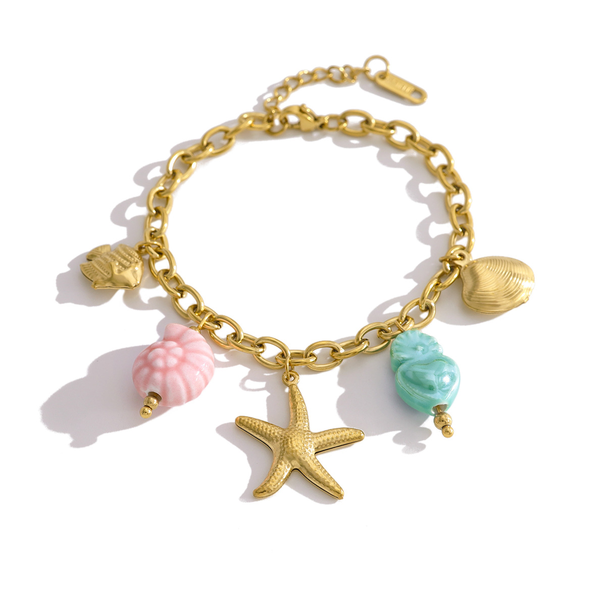 Ocean Inspired Fish & Starfish Titanium Steel Bracelet with Colorful Ceramic Charms, Elegant Necklace for Women