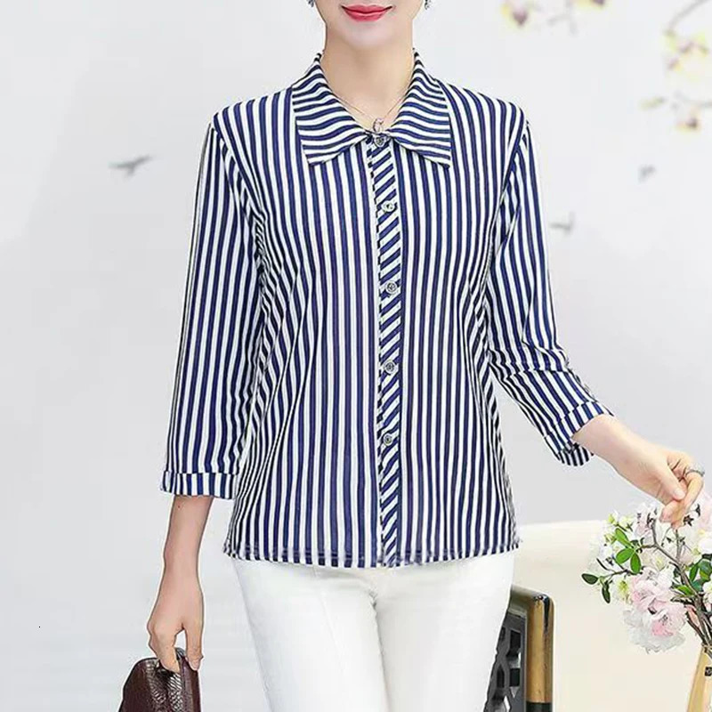 Plus Size Seethrough Striped Single Breasted Top Shirt And Blouse Women Clothes Three Quarter Sleeved Fashion Thin Casual Trend 250514