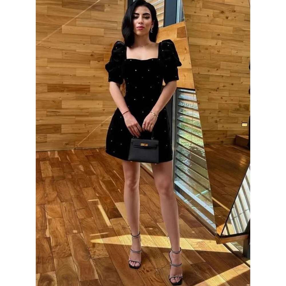 Veet Square Collar Rhinestones Lantern Sleeve Dress Women Shiny High Waist Slim A-line Party Dresses 2025 Lady Evening Gowns N
