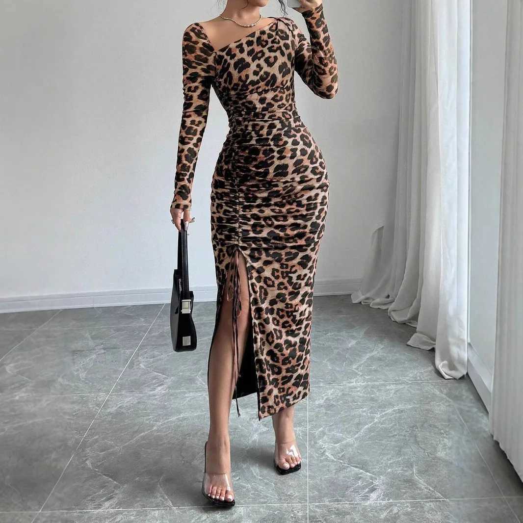 Sexy Leopard Print Split Long Dress Women Fashion Long Sleeve Bodycon Dresses For Women 2025 Spring Slim Party Dress FemmeXJ250514