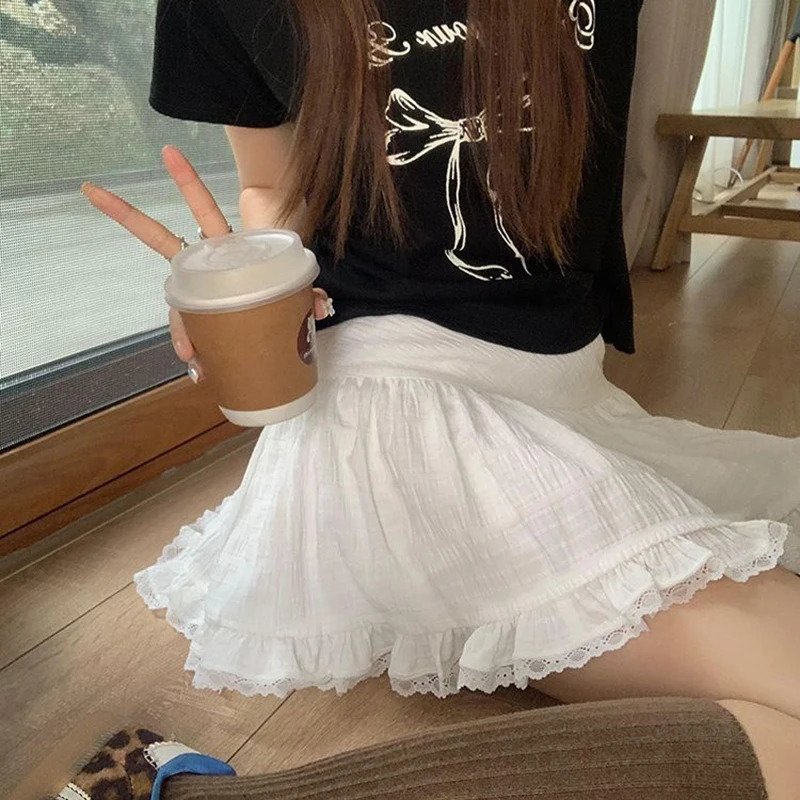 Womens Summer White Lace Mini Skirt Korean Chic High Waist Y2k Short Skirts Woman Ballet Style Ruffles Cake Female 250514