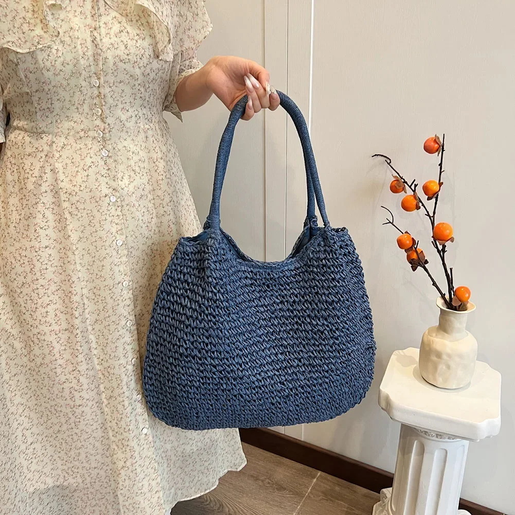 Women Straw Tote Handbag Large Capacity Crochet Beach Hasp Closure Simple Weaving Ladies Summer Daily Bag 250514