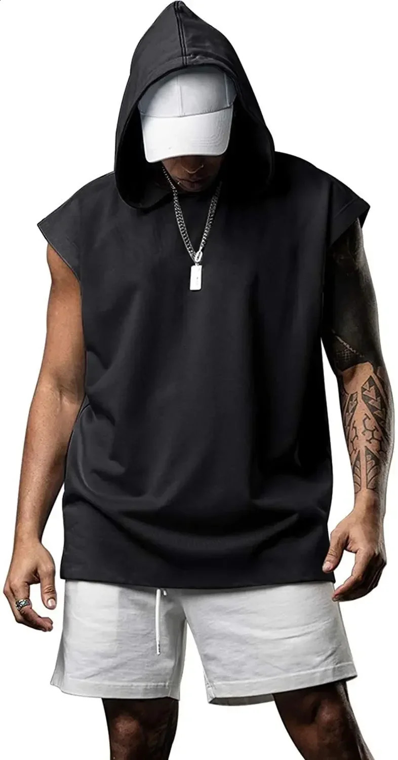 Hooded Solid Color Mens Casual Pullover Sports Mens T-shirt Sleeveless Mens Waistcoat Loose 250513