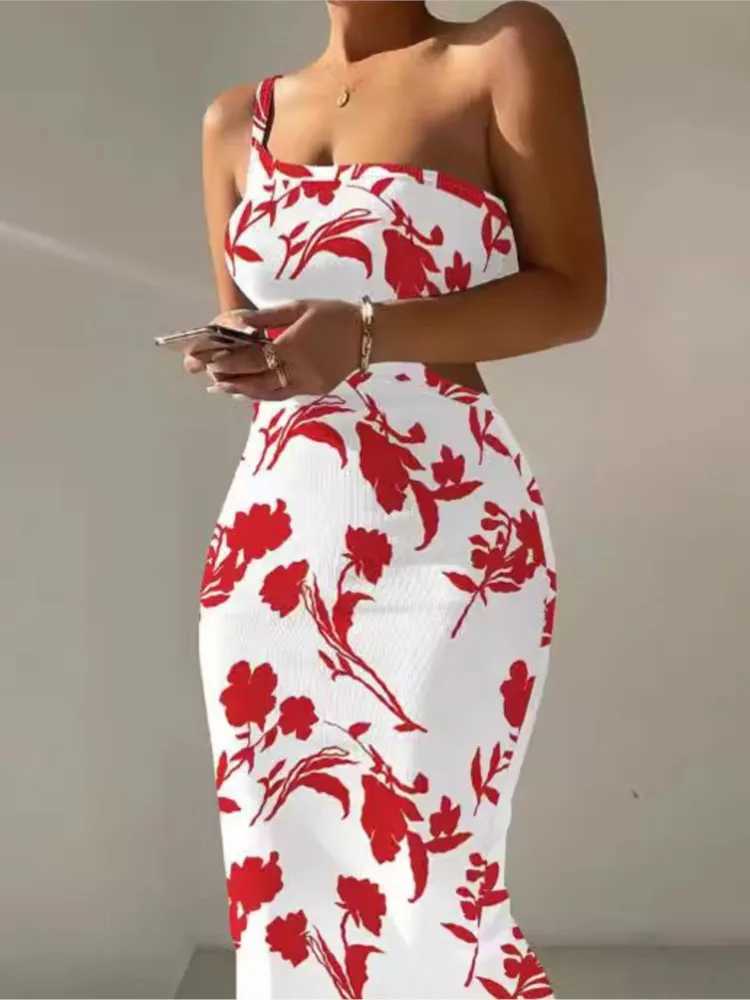 Print One Shoulder Spaghetti Strap Dresses Women Sexy Hollow Out Backless Package Hip Bodycon Dress Fashion Trendy Lady DressesXJ250514