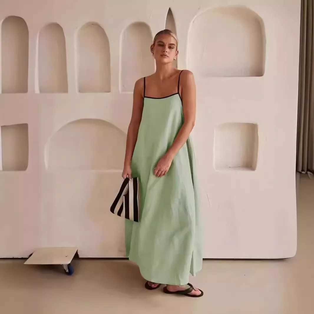 2024 Summer Women Cotton And Linen Maxi Sling Dress Casual Loose Big Hem Solid Vacation Khaki Wihte Sleeveless Dresses Robes Y2KXJ250514