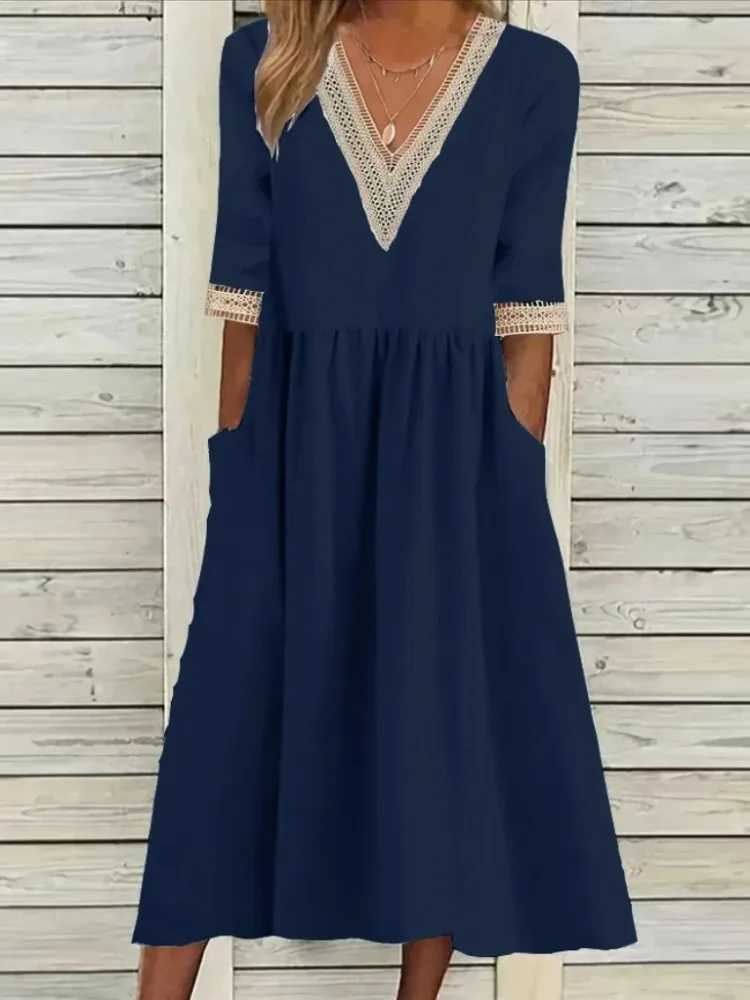 2025 Spring Cotton Linen Oversize Womens Long Dress White V-neck Lace Loose A-line Dresses Female Casual Trendy Ladies ClothesXJ250514