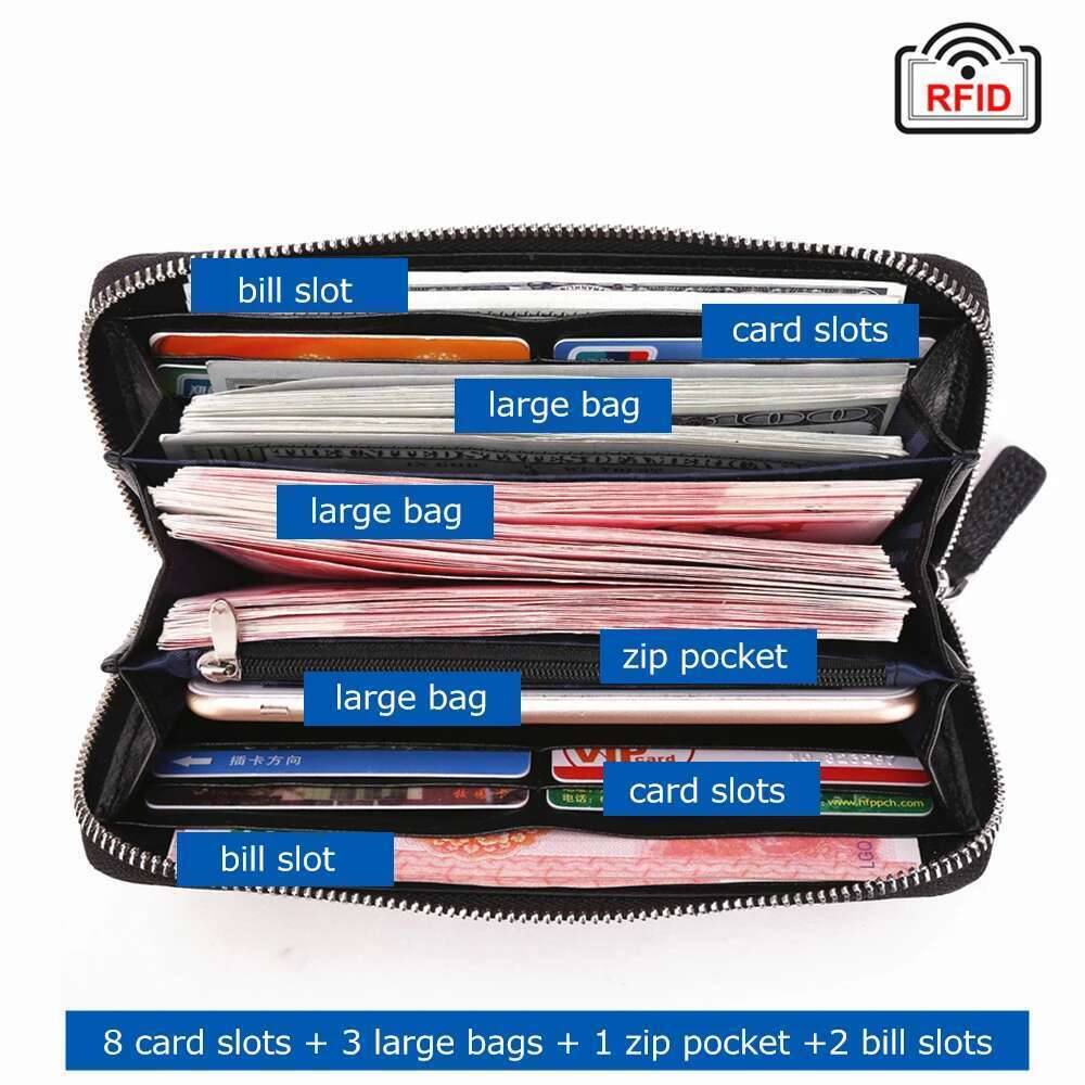 BISON DENIM Brand Genuine Leather RFID Blocking Clutch Bag Wallet Card Holder Coin Purse Zipper Male Long Wallets N8195