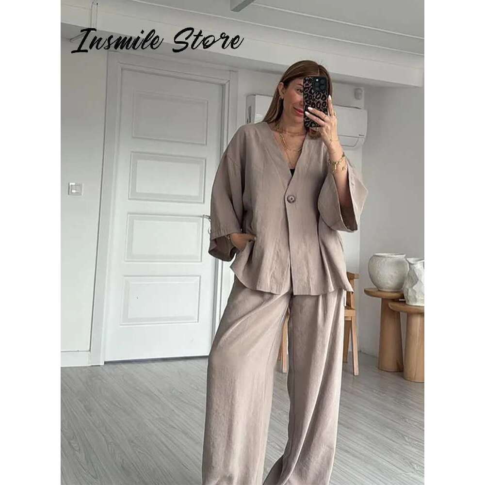 Casual Solid Women Pants Suits V-neck Single Buttons Loose Top Wide Leg Trousers 2025 Spring Summer New Fashion Female Sets