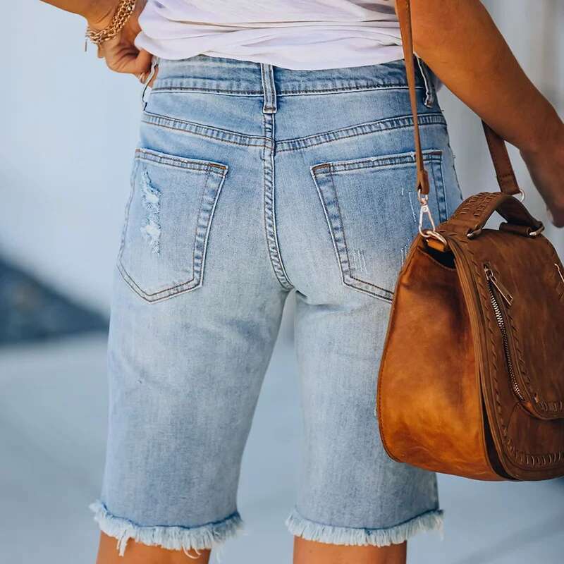 New Cycling Denim Women Fashion Ripped Tassel Tight Five-Point Shorts Washed Sexy Female Summer Thin Short Jeans
