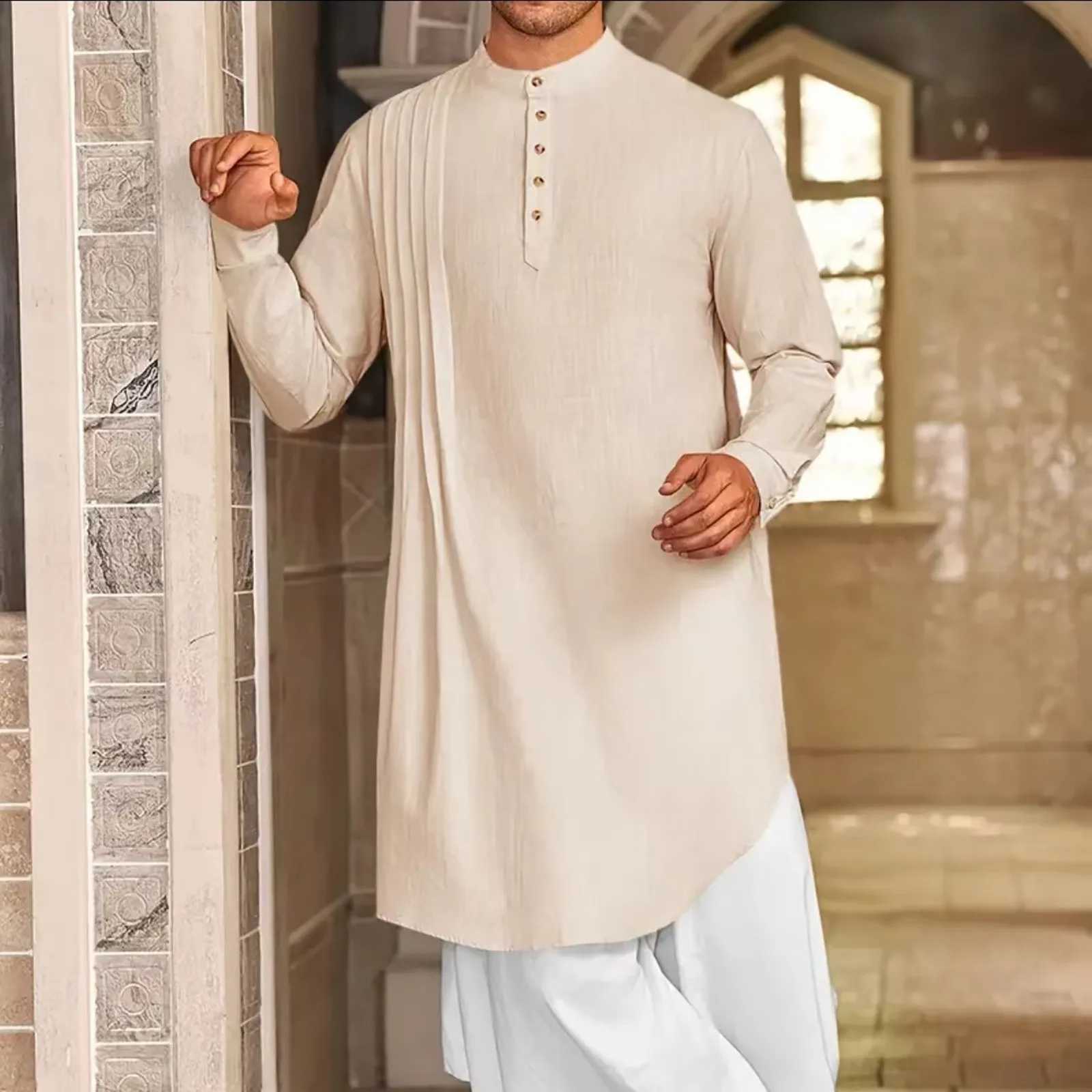 Men Cotton Linen Jubba Thobe Long Sleeve Button Kaftan Long Gown Shirt Casual Musulmane Islamic Arabian Muslim Prayer Robe X250514