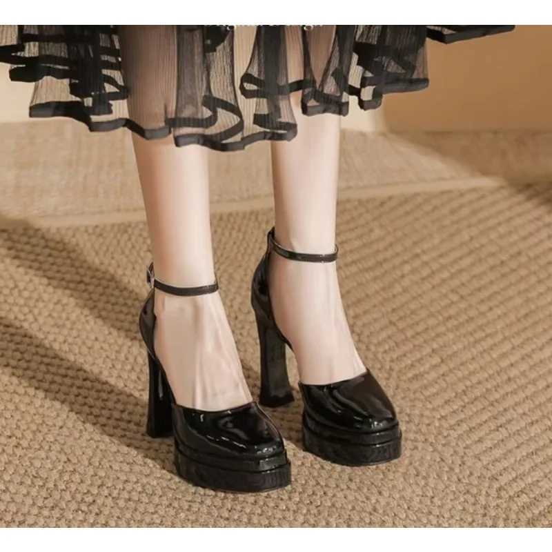 French waterproof platform high heels womens summer one-line buckle patent leather thick heel shoes 11cm apricot tall sandals W250514