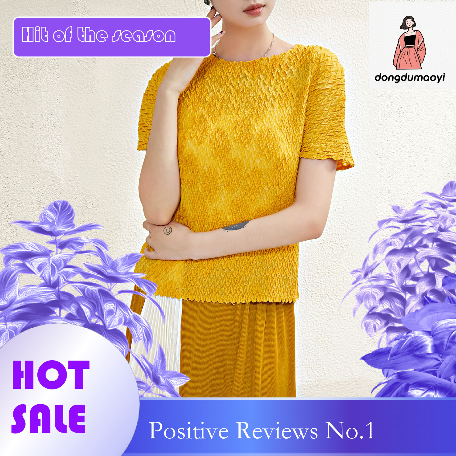 dongdumaoyi Miyake style round neck short sleeved T-shirt for women's summer 2023, high-end design sense, niche relief jacquard pleated loose top