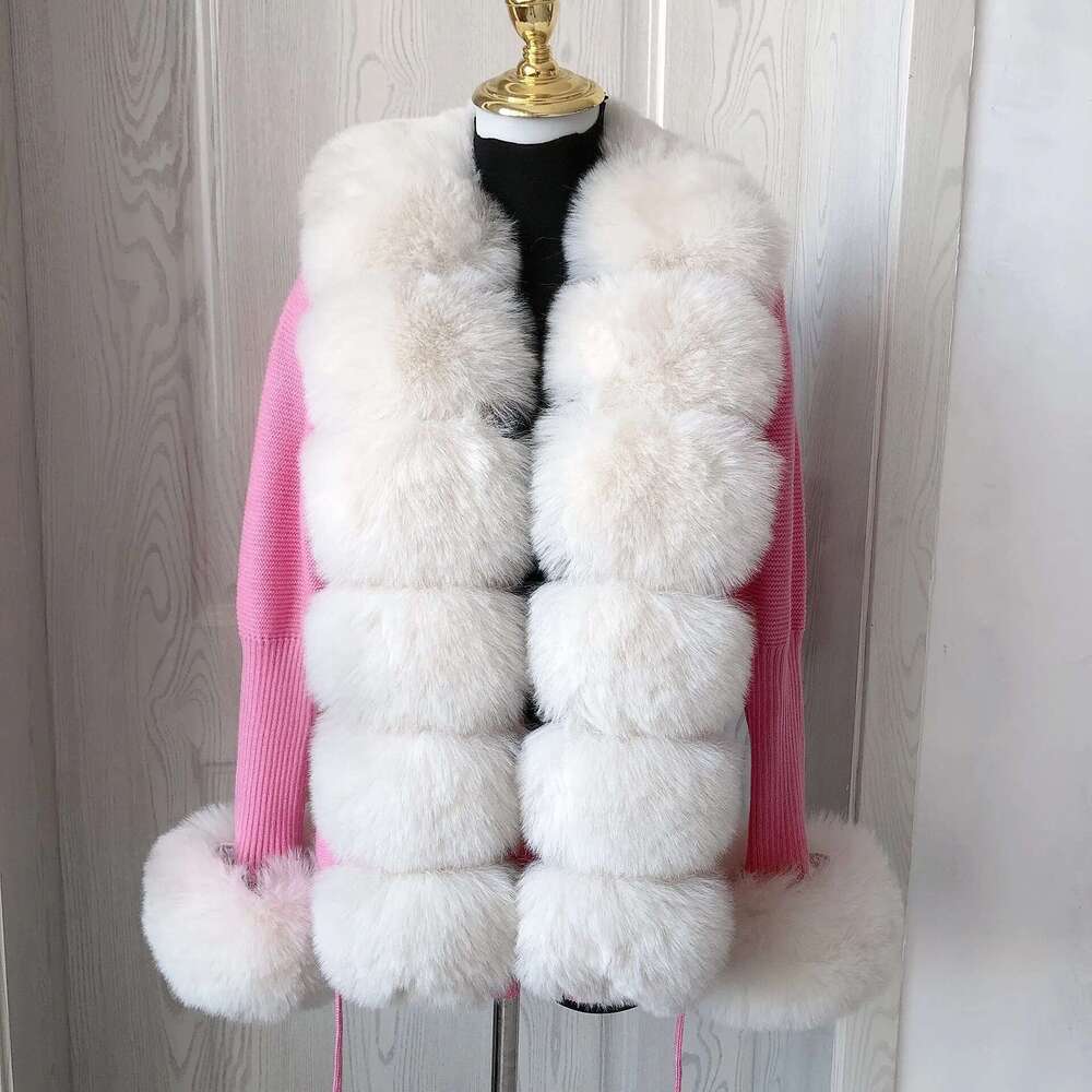 Women's Cropped Spring Autumn Hot Sale Knit Sweater Cardigan With Faux Fox Fur Collar Ladies Coat