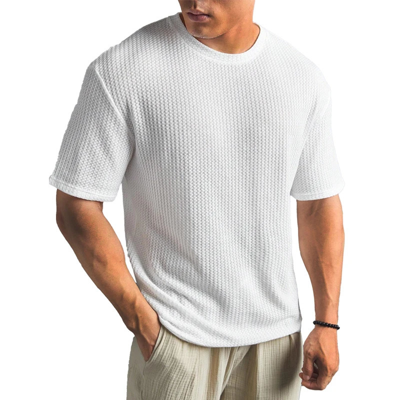 Solid Color Waffle T-shirts for Men Casual Quality Short-sleeved Mens Tees Summer Fashion er Tops Male 250513