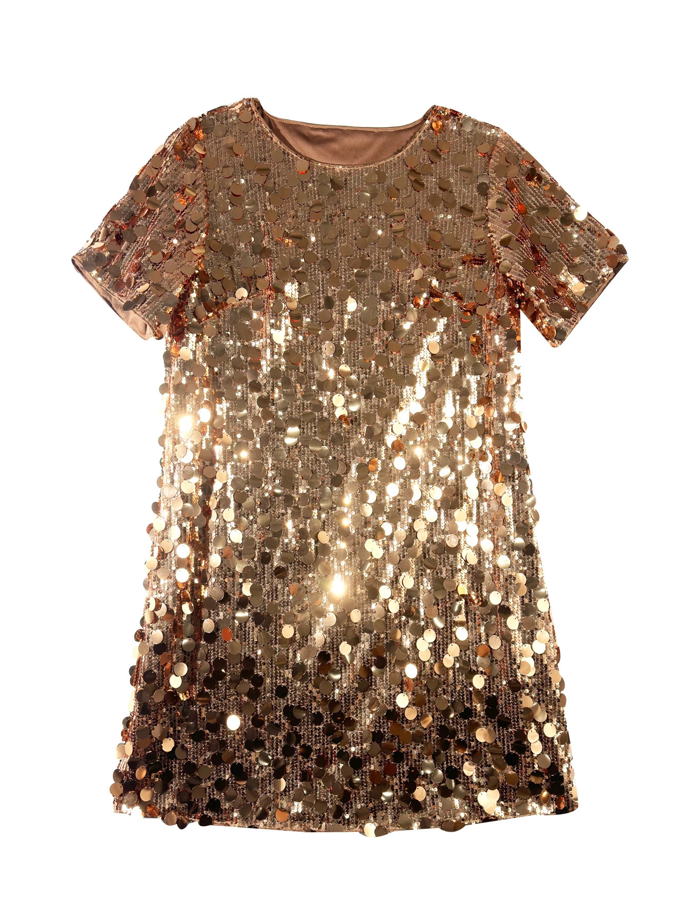 plus size Elegant Plus Gold Sequin Midlength SkirtLeisure Aline Skirt Polyester Shortsleeved Round neck 250506