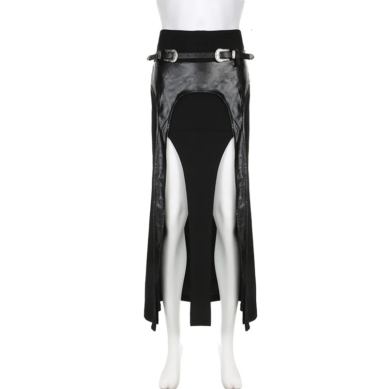 SUCHCUTE Gothic PU Belt Match Long Skirt Sexy Straight Tassel Slit Irregular Midi Punk High Waist Party Women Outfit 250514