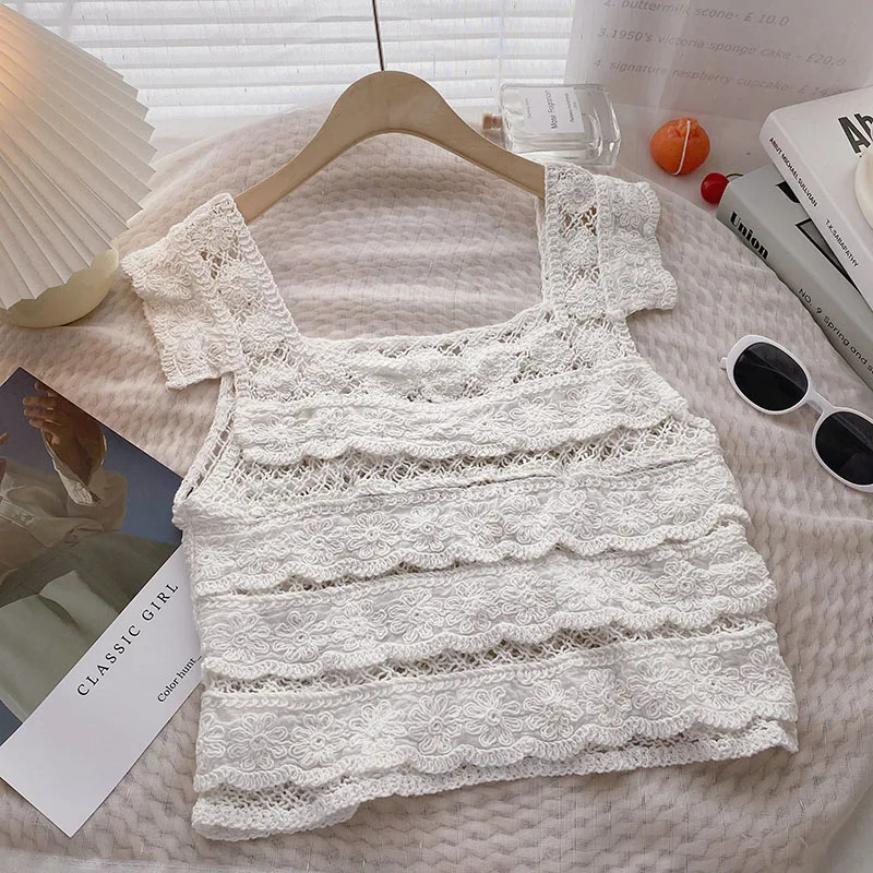 Tiered Ruffled Crochet Top Frilled Flutter Sleeve Semi Sheer Openknit Crop Tops Blouse Summer Women Teengirl Fairycore Outfit 250514