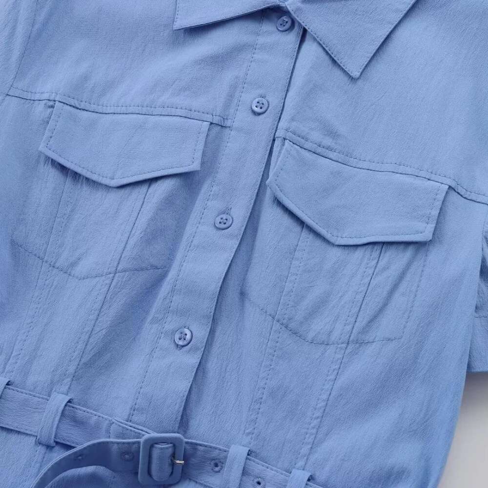 Summer New Women's Lapel Short Sleeve With Belt Long Poplin Petticoat Style Maze Dress