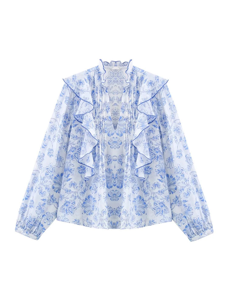 ZAJIA 2005 womens clothing European and American style French ruffles layered decorative print shirts 250514