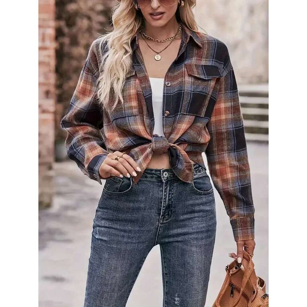 Spring/Summer Plus Size 1XL-5XL Women's Checkered Printed Long Sleeved Flipped Tie Button Commuter Fashion Shirt