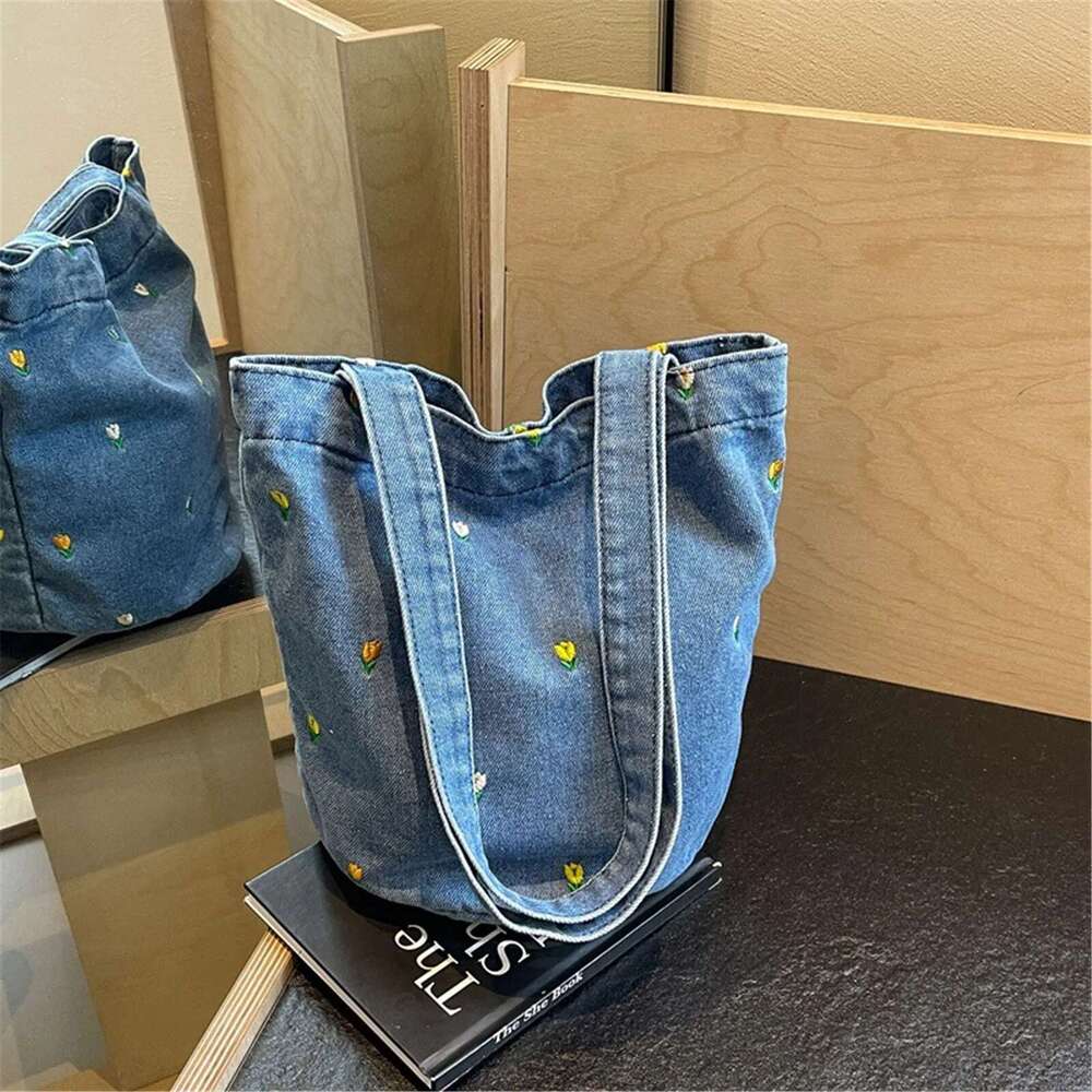 Bucket Embroidered Denim Summer Large Capacity Tote In All-Match Shoulder Ladies Carrng Portable Shopping Bag New