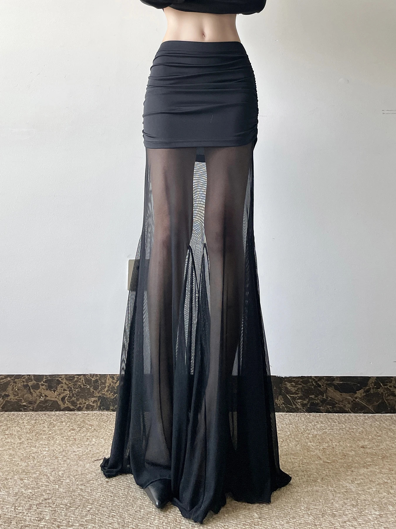 Cuteandpsycho Vintage Sexy Solid Mesh Skirts Low Waisted Y2K Aesthetic Korean Outfits Clubwear Long Black Knitted Womens Bottom 250514