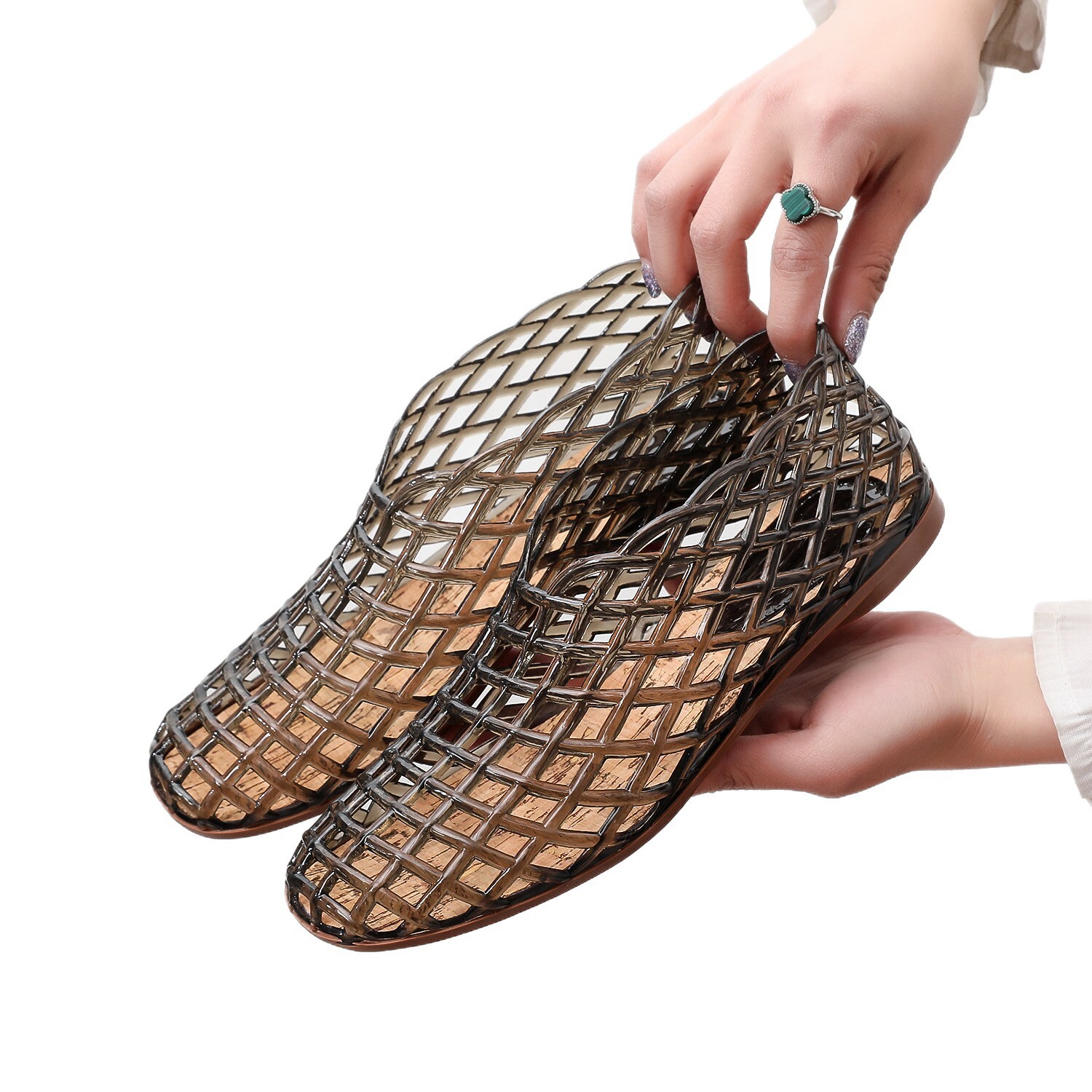 Designer single footed beach crystal jelly sandals, hollow flat hole comfortable shoes, 2025 Korean version women's casual shoes