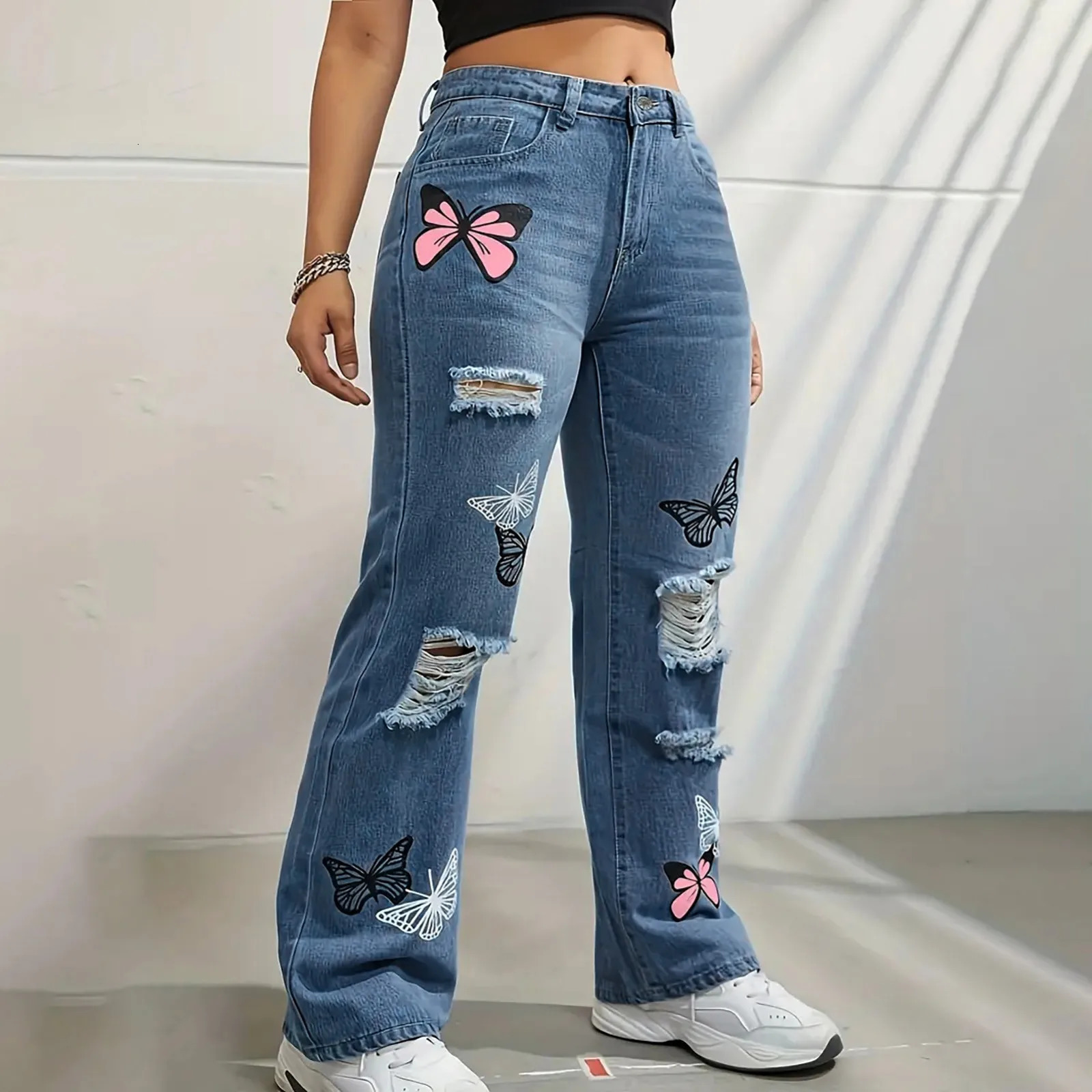 Oversized womens jeans boyfriend Plus high waist wide leg blue mens perforated 250530