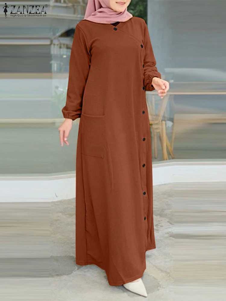 ZANZEA Muslim O Neck Long Dresses Buttons Casual Loose Long Slve Women 2024 A-line Vestidos Islamic Hijab Textured Abaya Robes X250514