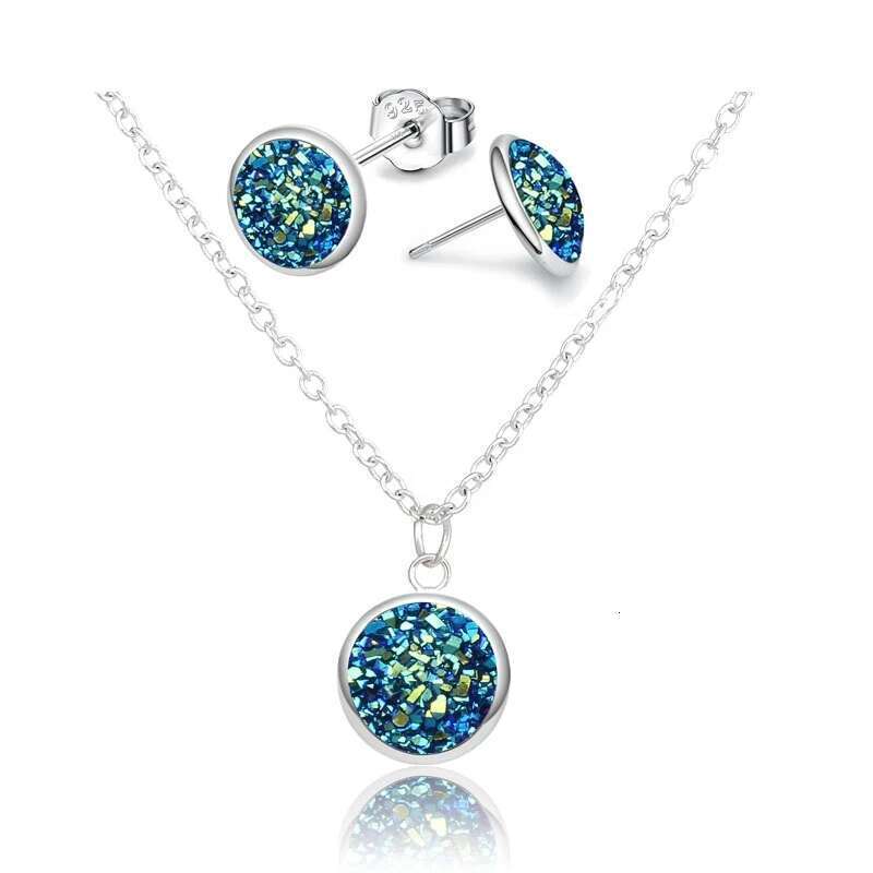 Fashion Drusy Round Pendant Jewelry For Anti Allergy Bling Stud Earrings Sets Women Party Necklace