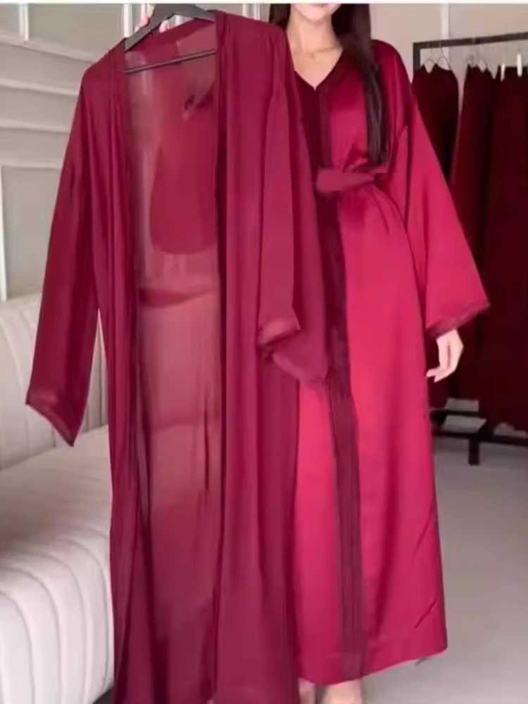 Women Abaya 2 Piece Set Eid Muslim Dresses Jalabiya Ramadan Morocco Sashes Dubai Open Abayas Kaftan Vestidos Arab Cardigan Robe X250514